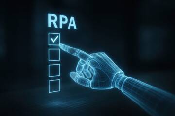Rpa automation robotic process efficiency holographic interface shows confident futuristic automated workflow checking boxes with glowing checkmark inspiring optimism