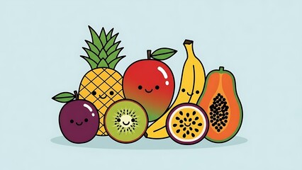 Colorful Cartoon Fruits Arrangement Illustration.