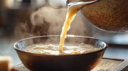 Miso soup being poured into a ceramic bowl with steam rising