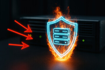 Shield firewall cybersecurity server flame glowing holographic shield with fiery flame protecting a rack server while red arrows represent incoming network threat urgent