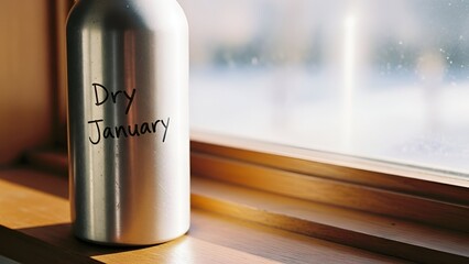 Stainless steel water bottle labeled Dry January on wooden windowsill with space for text 