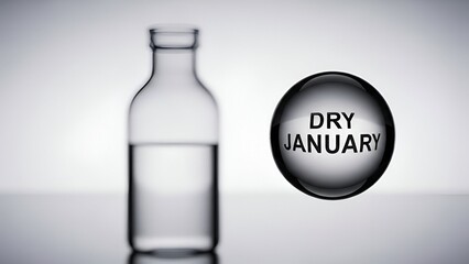 Clear glass bottle with water next to a Dry January symbol  