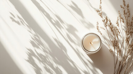 Neutral minimal lifestyle flat lay with candle and dried plants