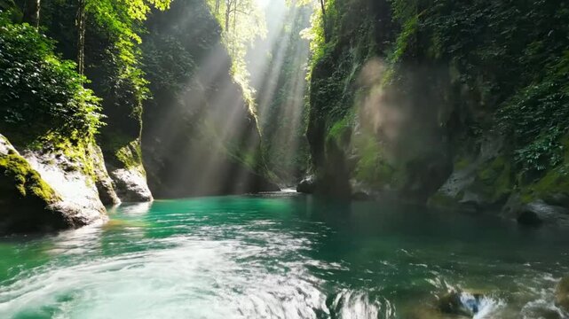 Lush Rainforest Canyon with Turquoise River and Sunlight Streaming Through the Trees, Natural Beauty