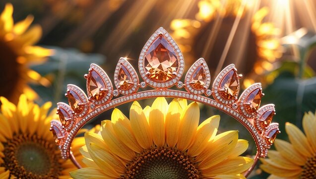 Trillion sunstone sparkle tiara in rose gold warm rays on autumn sunflower petals macro