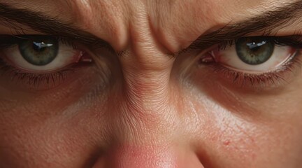Close up of an angry person's furrowed brow and intense green eyes, conveying strong negative emotions