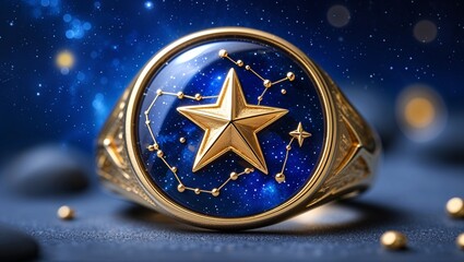 Cabochon star sapphire mens signet in yellow gold night sky with constellation overlay