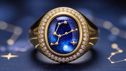 Cabochon star sapphire mens signet in yellow gold night sky with constellation overlay