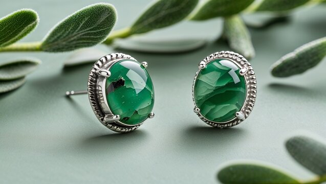 Cabochon variscite green stud earrings in sterling silver soft on sage brush leaf scatter