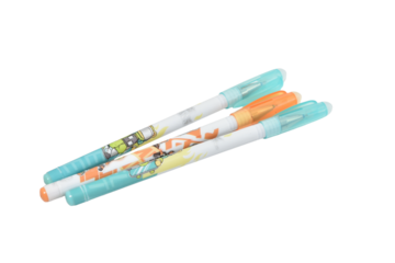 Several colorful pens for children isolated on PNG background.