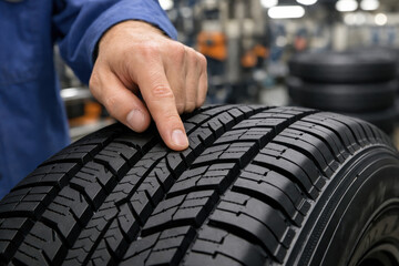 Tire tread inspection hand workshop Quality and safety focused technician inspects tire tread pattern in workshop close-up showing traction durability and manufacturing detail