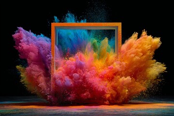 Orange frame with vibrant powder explosion colorful powder