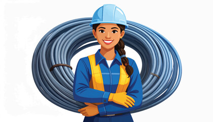 Smiling female construction worker in hard hat and safety vest.