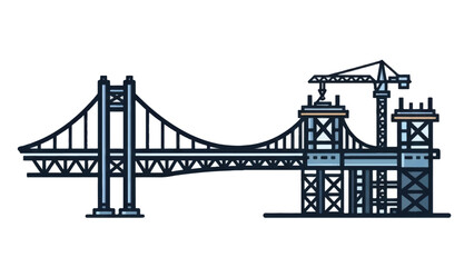 Suspension Bridge Under Construction with Crane and Scaffolding.