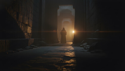 Cloaked Figure in Ancient Stone Corridor