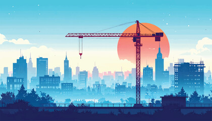 Tower crane silhouetted against a vibrant sunset sky in a city.