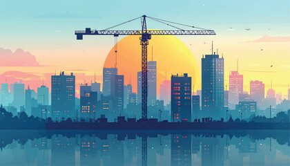 Tower crane silhouetted against a vibrant sunset over a modern city skyline.