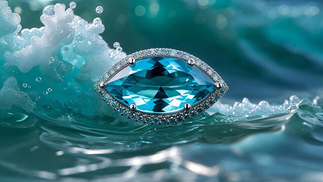 Marquise aquamarine pave in platinum dramatic side light on turquoise ocean foam splash