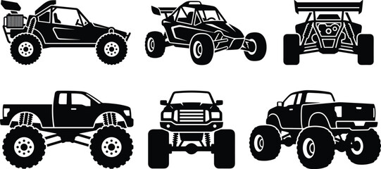 Off road vehicle silhouette set featuring buggy monster truck and pickup racing cars black vector illustration collection © MdLimon