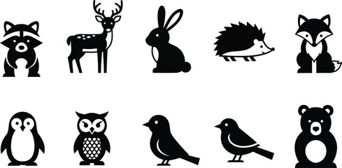 Obraz premium Collection of 10 black and white animal silhouettes on a white background