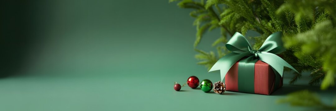 Elegant Christmas Gift with Green Ribbon, Festive Ornaments, Pine Branches, and Festive Background for Holiday Cheer 186 Characters