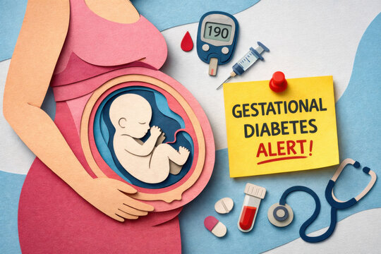 Paper cut of pregnant belly with baby silhouette and sticky note alert for gestational diabetes. This maternal health concept shows concern for pregnancy complications