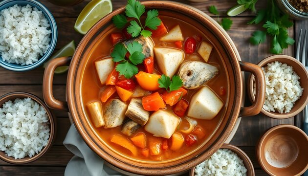 Traditional Brazilian Moqueca fish stew served in a rustic clay pot with white rice and fresh lime garnishes.
