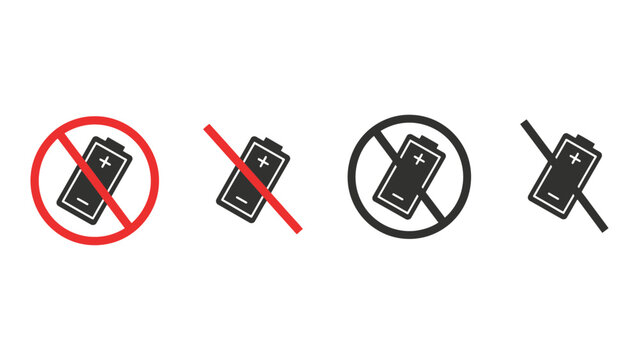 Four icons indicating a battery is not allowed or prohibited.