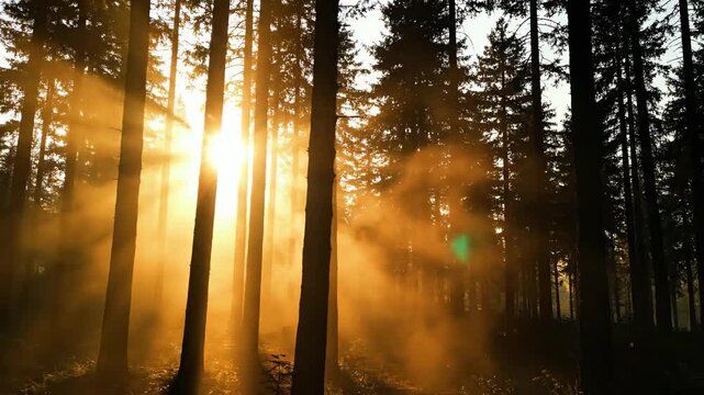 Brilliant shafts of golden hour sunlight cut sharply through the ultra-dense forest haze illuminating the silhouettes of towering pine trees outdoor, spiritual, sunlight