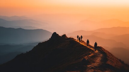 A group of friends hiking to a hilltop at sunset