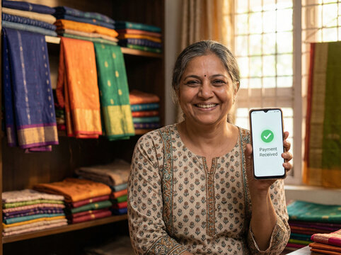 Happy Indian Shop Owner Accepting Digital Payments on Smartphone