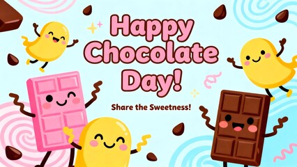 Fototapeta premium A colorful illustration of cartoon characters celebrating Happy Chocolate Day with chocolate bars and sweets