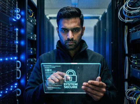 Cybersecurity expert monitoring network security in modern data center - Powered by Adobe