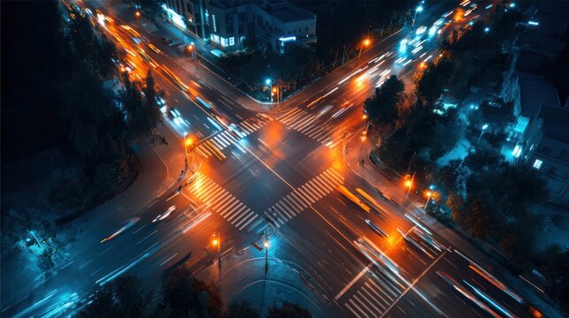 Dynamic aerial view of a busy city intersection at night with long exposure light trails from cars, showcasing urban motion and modern transportation.