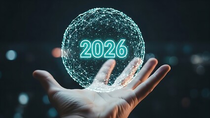 2026 Global Future Hand Holding Digital human hand presents a radiant digital sphere inscribed with "2026," representing the dawn of future innovation and technological transformation. Sphere New Year