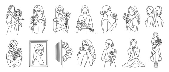 Line art illustrations of women with flowers in various poses.