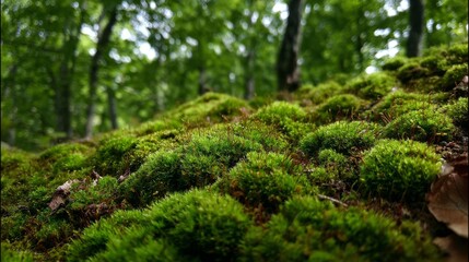 Thick carpet of vibrant green forest moss covering the ground in lush woodland
