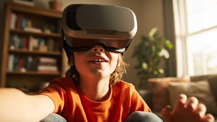 Excited boy wearing a virtual reality headset and enjoying a game in a living room environment - Powered by Adobe