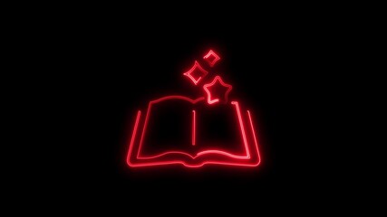 Glowing vertical book icon animation with neon open symbol on black background 