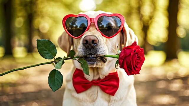 Adorable Labrador Retriever Dog with Heart-Shaped Sunglasses and Red Rose for Valentines Day.