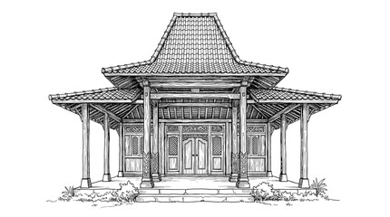 A detailed line drawing of a traditional Javanese house with a distinctive roof and open porch.