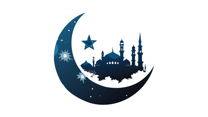 Double exposure style vector of a large crescent moon with a mosque silhouette inside, stars in the background, artistic design