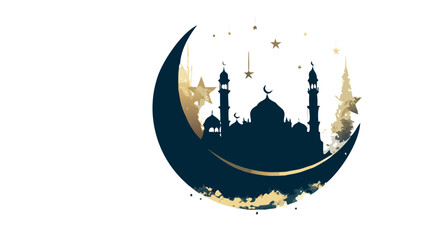 Double exposure style vector of a large crescent moon with a mosque silhouette inside, stars in the background, artistic design