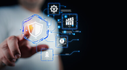 Cyber security system and data protection concept. Man using touching to access data, biometric identity, data encryption for network security of cyber attack
