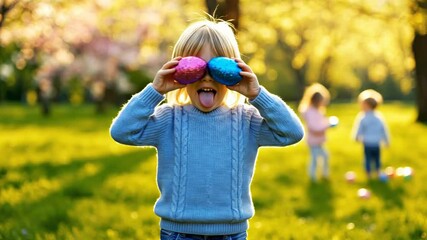 A delighted young child with blonde hair playfully covers their eyes with two brightly colored, shimmering eggs, one pink and one blue, while sticking out their tongue in a humorous expression. The sc