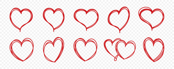 Red heart hand-drawn icon collection. Love, line, doodle, hearts, romance, drawn vector illustration. Transparent background