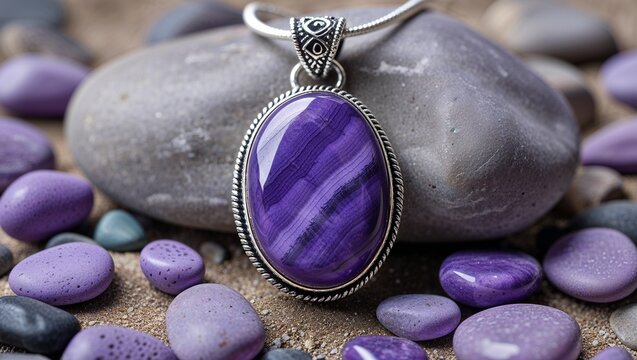Cabochon sugilite purple pendant in sterling silver beachy on lavender pebble scatter