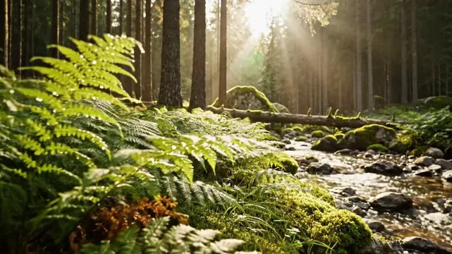 Sunlit forest scene with stream flowing through lush green moss and fern plants, natural landscape