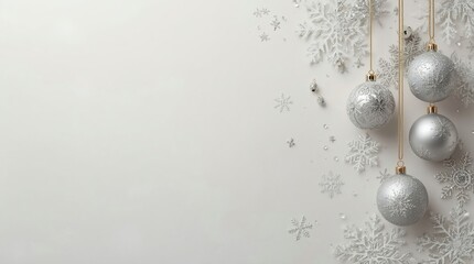 Shiny silver Christmas balls and baubles rest on fresh white winter snow with blue holiday light reflections for a seasonal New Year celebration card