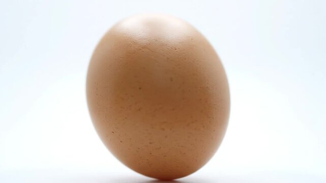 Close up view of a single brown chicken egg with an off white background showing the texture